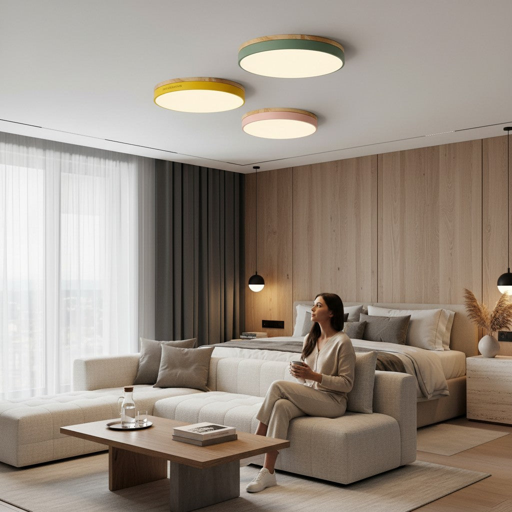 Igor & Hendrix Eira LED ceiling light with wood trim in yellow, pink, and green finishes. Minimalist flush mount design.